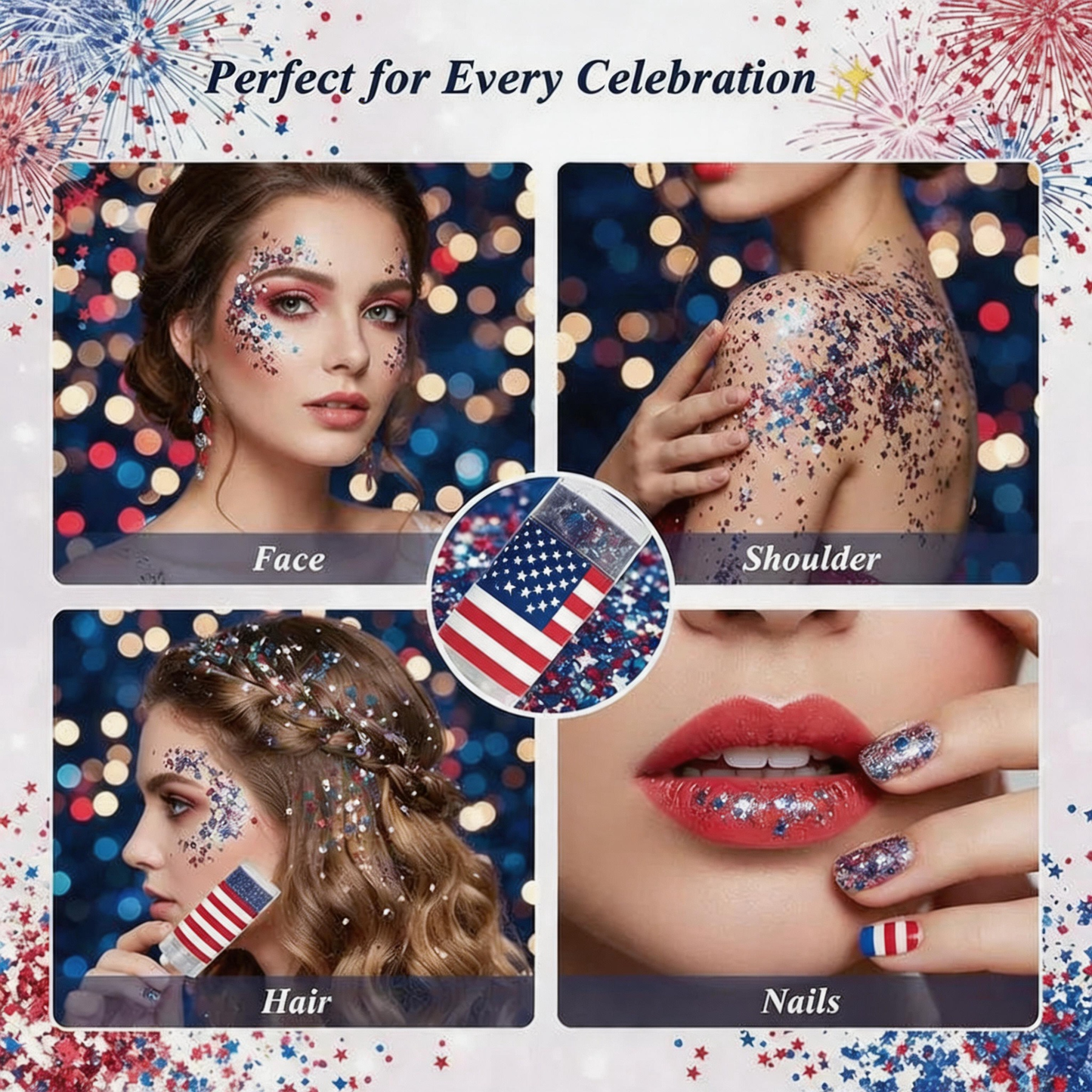 Patriotic Red, White & Blue Glitter Stick for Body & Hair