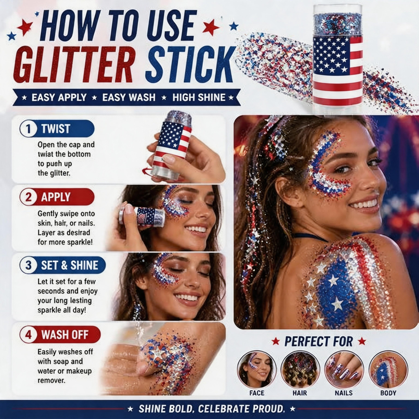 Patriotic Red, White & Blue Glitter Stick for Body & Hair
