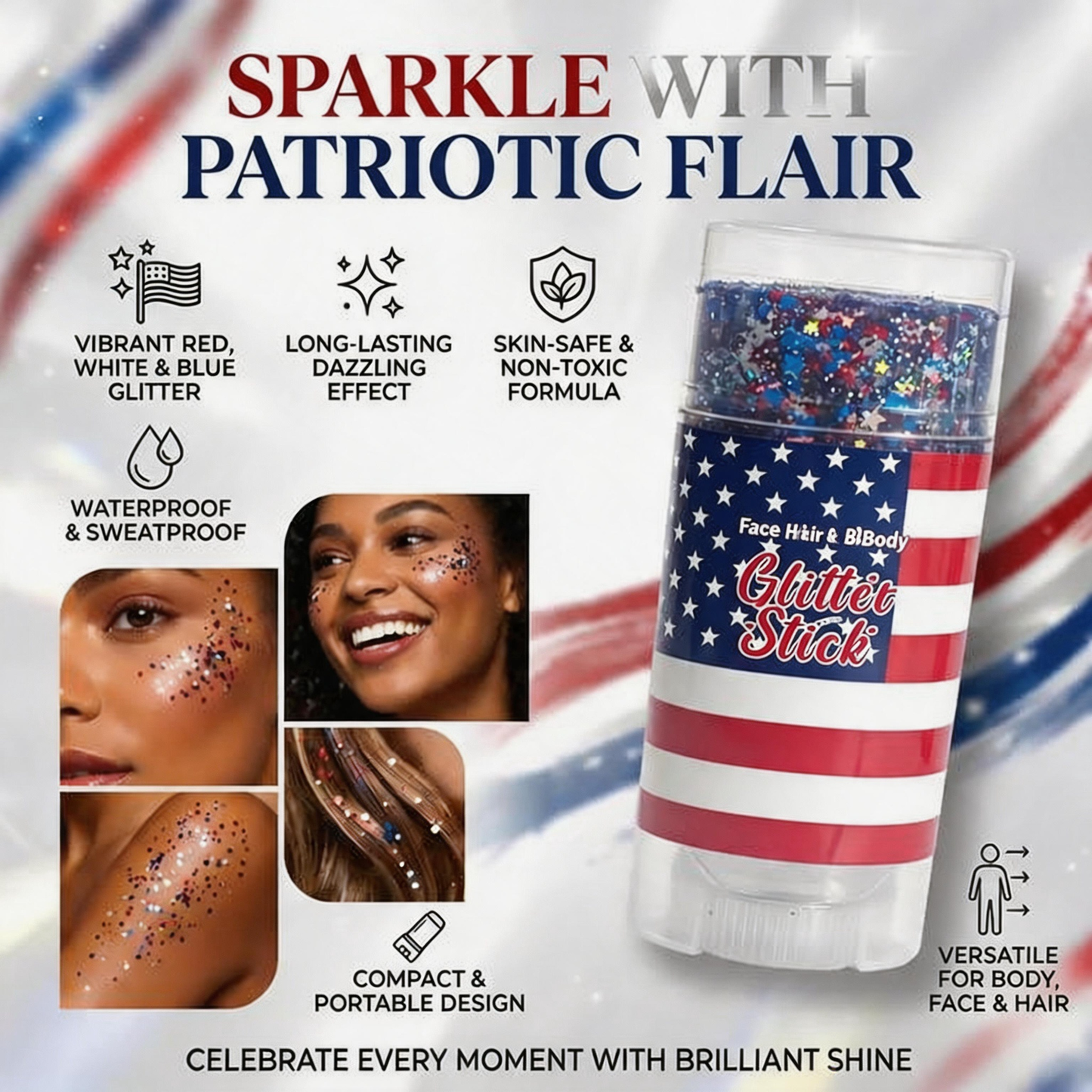 Patriotic Red, White & Blue Glitter Stick for Body & Hair