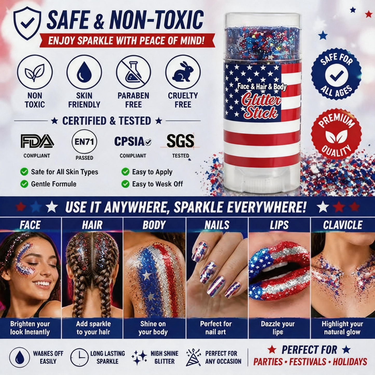 Patriotic Red, White & Blue Glitter Stick for Body & Hair