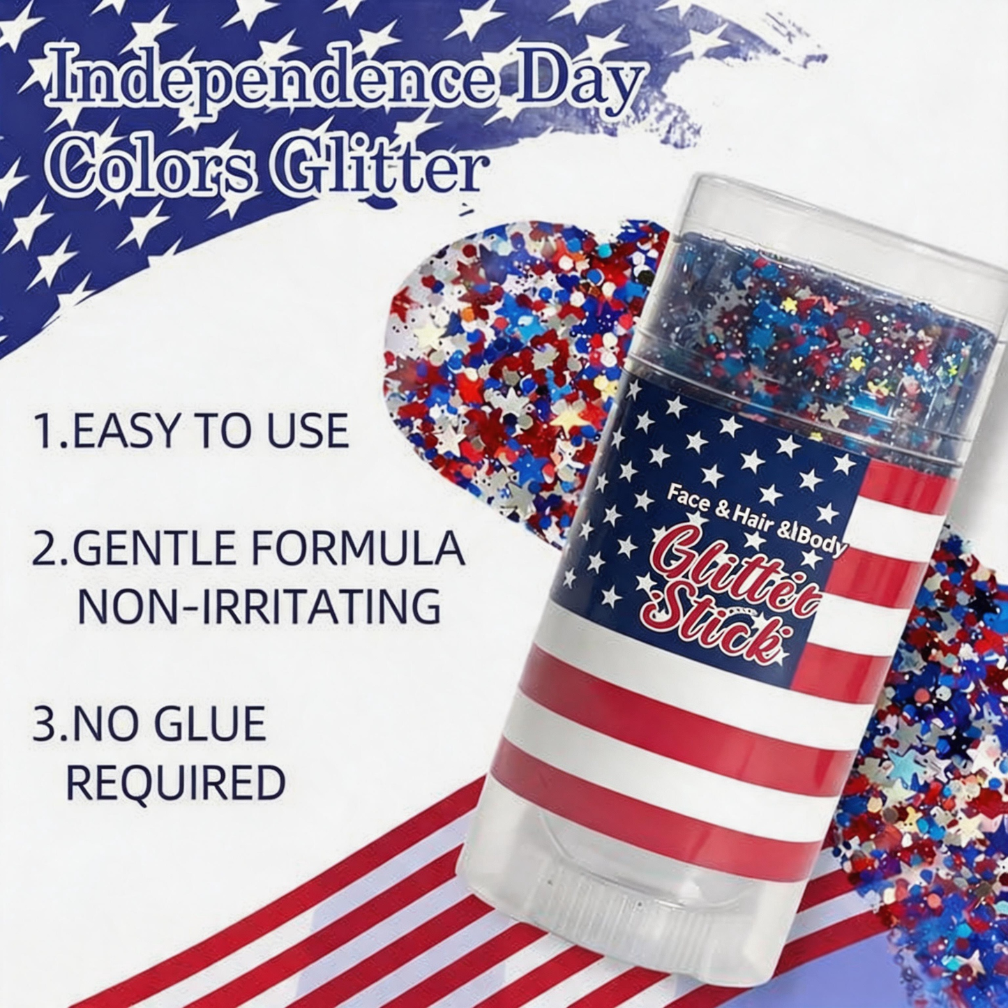 Patriotic Red, White & Blue Glitter Stick for Body & Hair